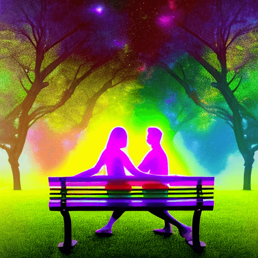 AI generated: color photo of a pair of ethereal auras, radiating love and connection, seated on a bench in front o...