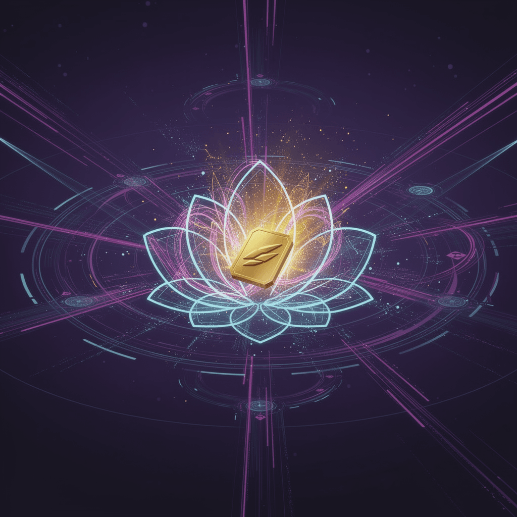 AI generated: dramatic token creation chamber, dark purple void with central luminous event, 
geometric lotus flow...