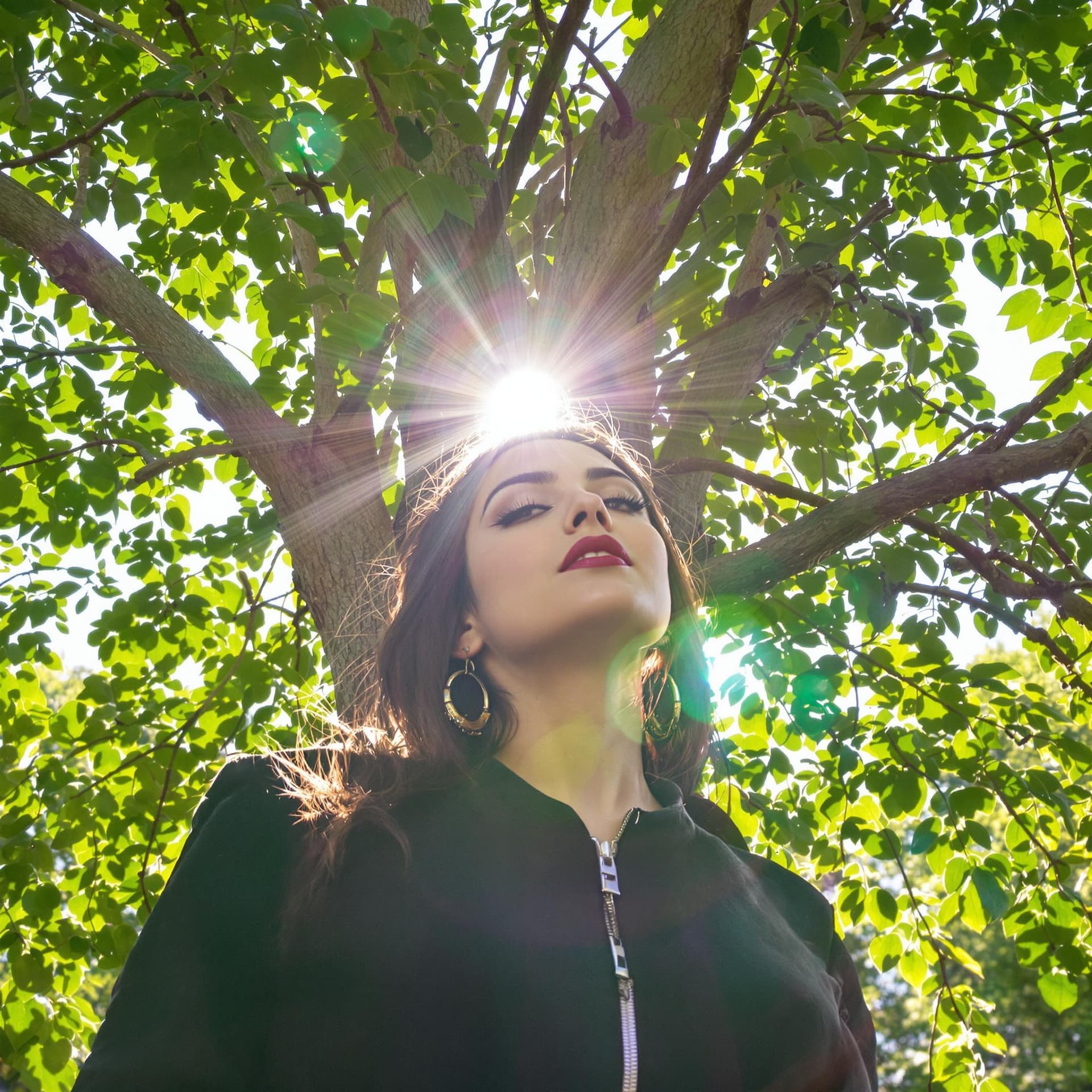 AI generated: a professional photograph of woman posing under a tree with the sun shining through the leaves, fash...