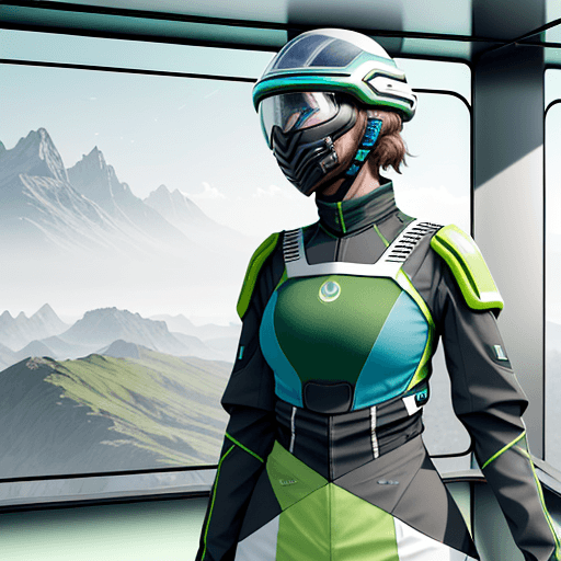 AI generated: Photo of a ultra realistic future green space outfit, die buchstaben ESS auf dem aunzug sichtbar, fa...