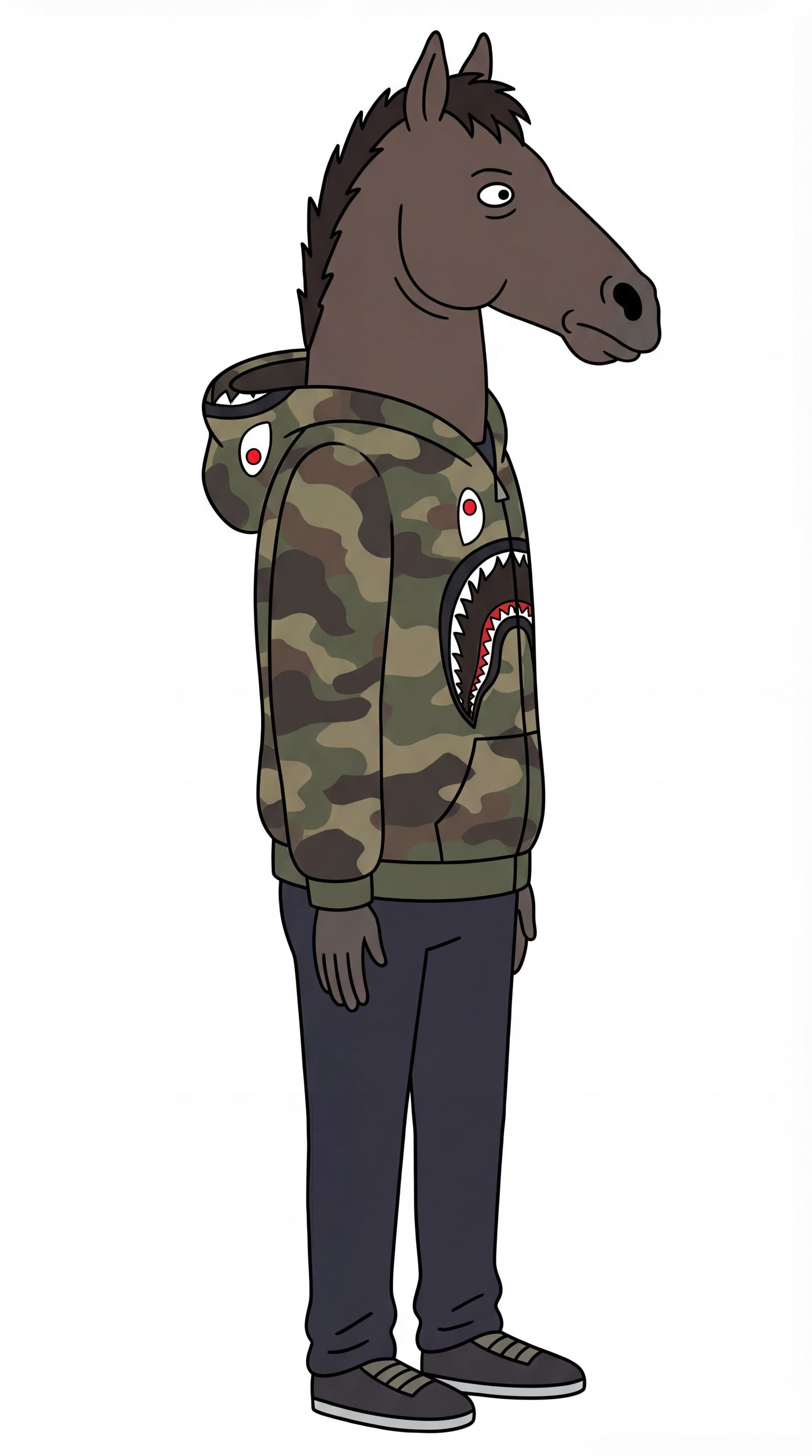 AI generated: Full body character design, strict 90-degree side profile of an anthropomorphic horse character. The...