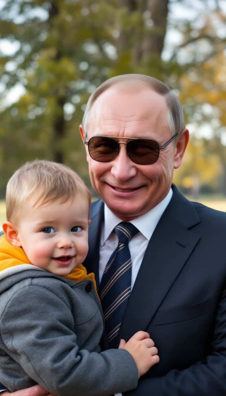 AI generated: 



20h
Putin, with a big smile on his face, in the park behind him, wearing sunglasses, half-length...