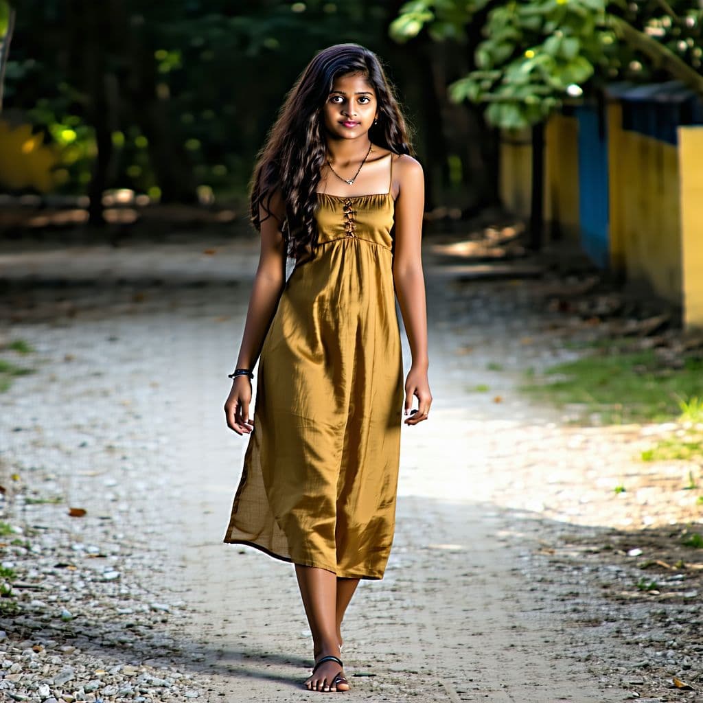 AI generated: Sinhala girl 19 years old walking on the dimly lit gravel path, with a small bosom, long wavy hair t...
