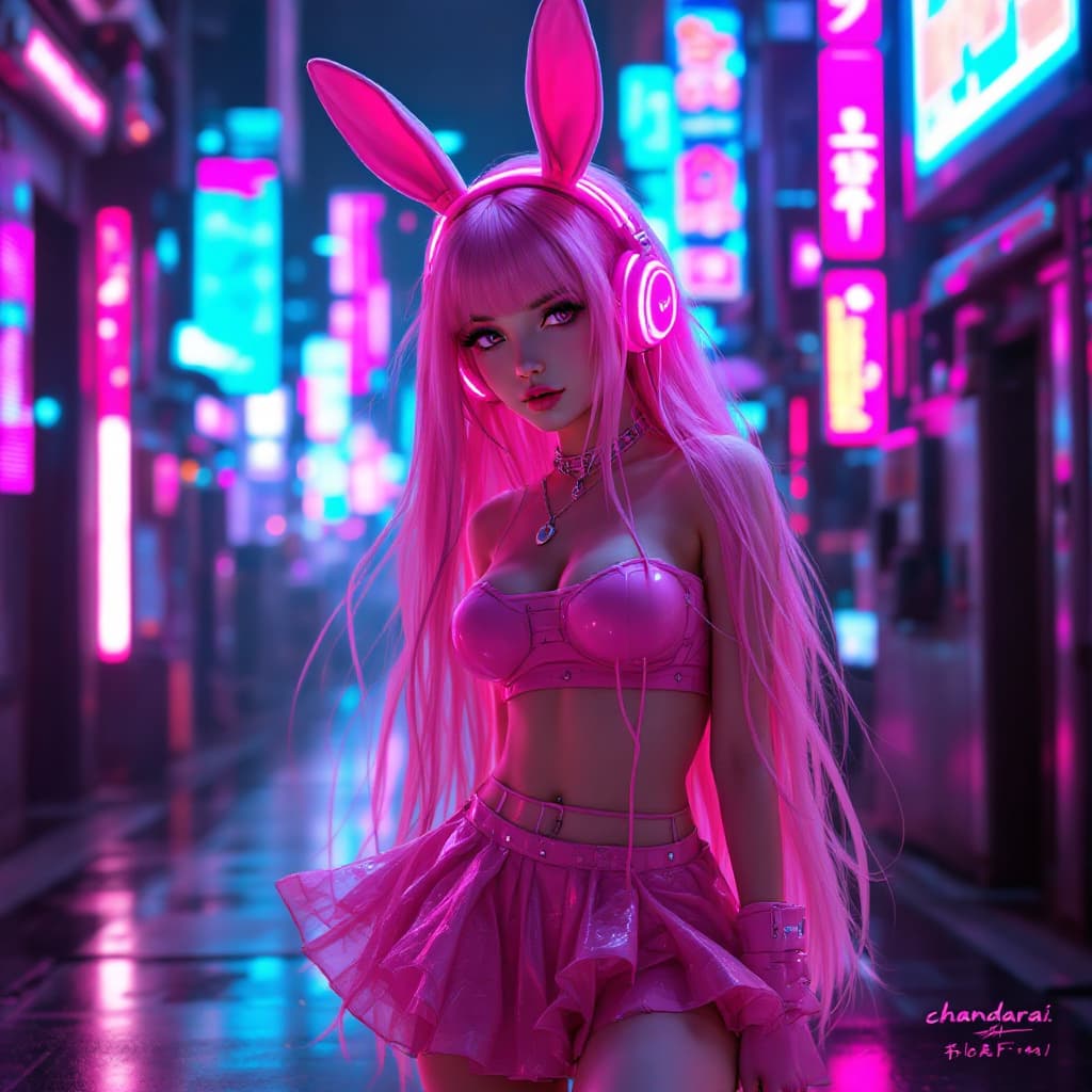 AI generated: The pink bunny girl in the cyber world is a cyberpunk (full body photo), with beautiful long hair, w...