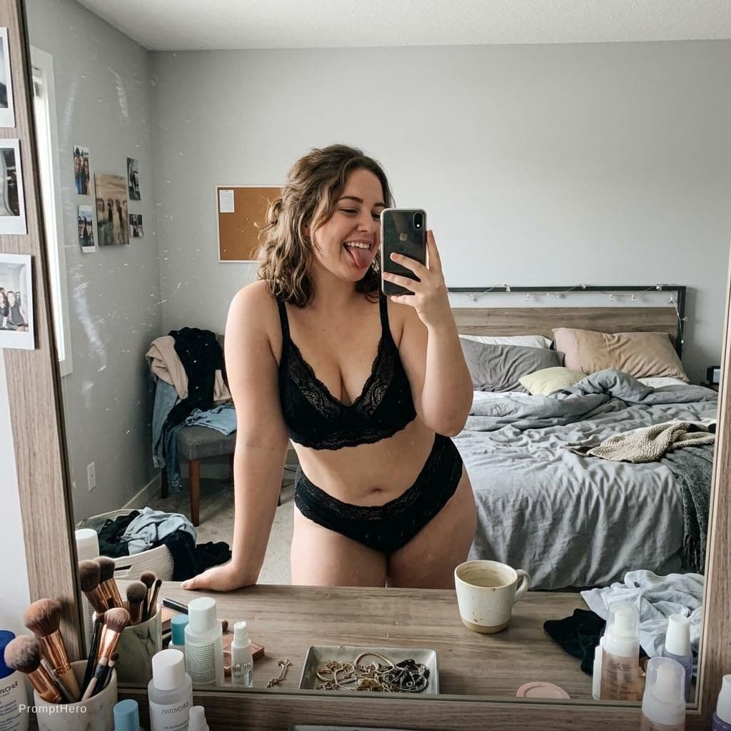 AI generated: A 22 chubby year old white woman takes a mirror selfie in a modern, messy bedroom.

The woman has he...