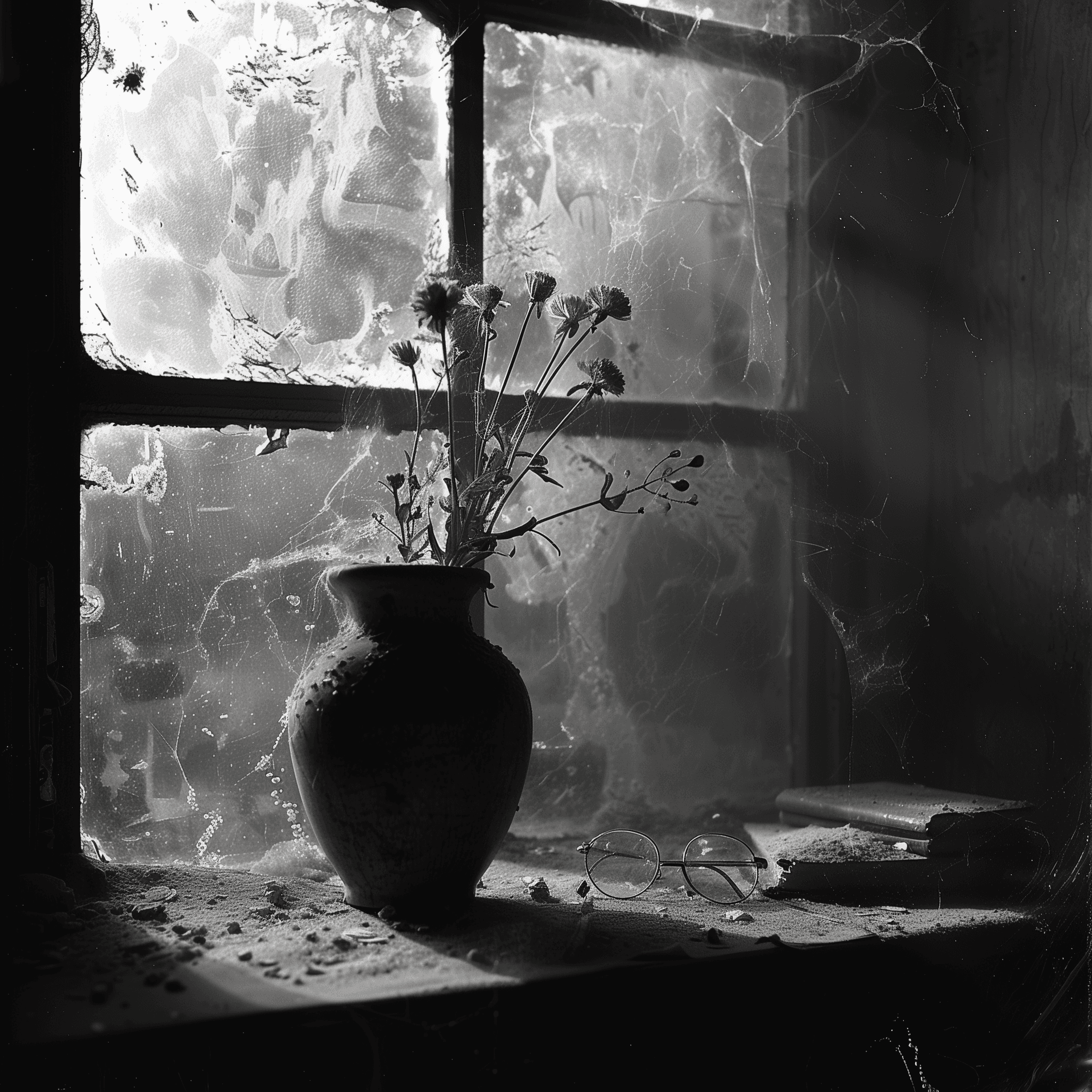 AI generated: A black and white photograph of an old, dusty vase with dead flowers on the windowsill in front of t...