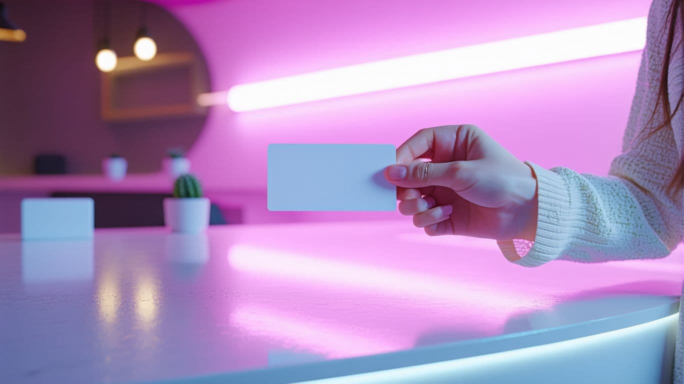 AI generated: A futuristic scence of a receptionist handing a guestn white card across a futuristic reception desk...