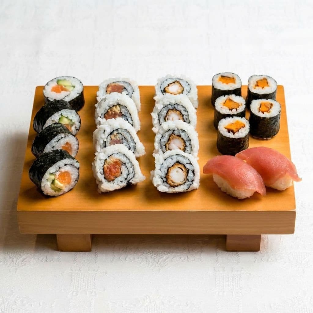 AI generated: Haz un combo con 5 Maki California, 5 Uramaki Atún picante, 5 Uramaki Gambón rebozado, 5 Maki Boniat...