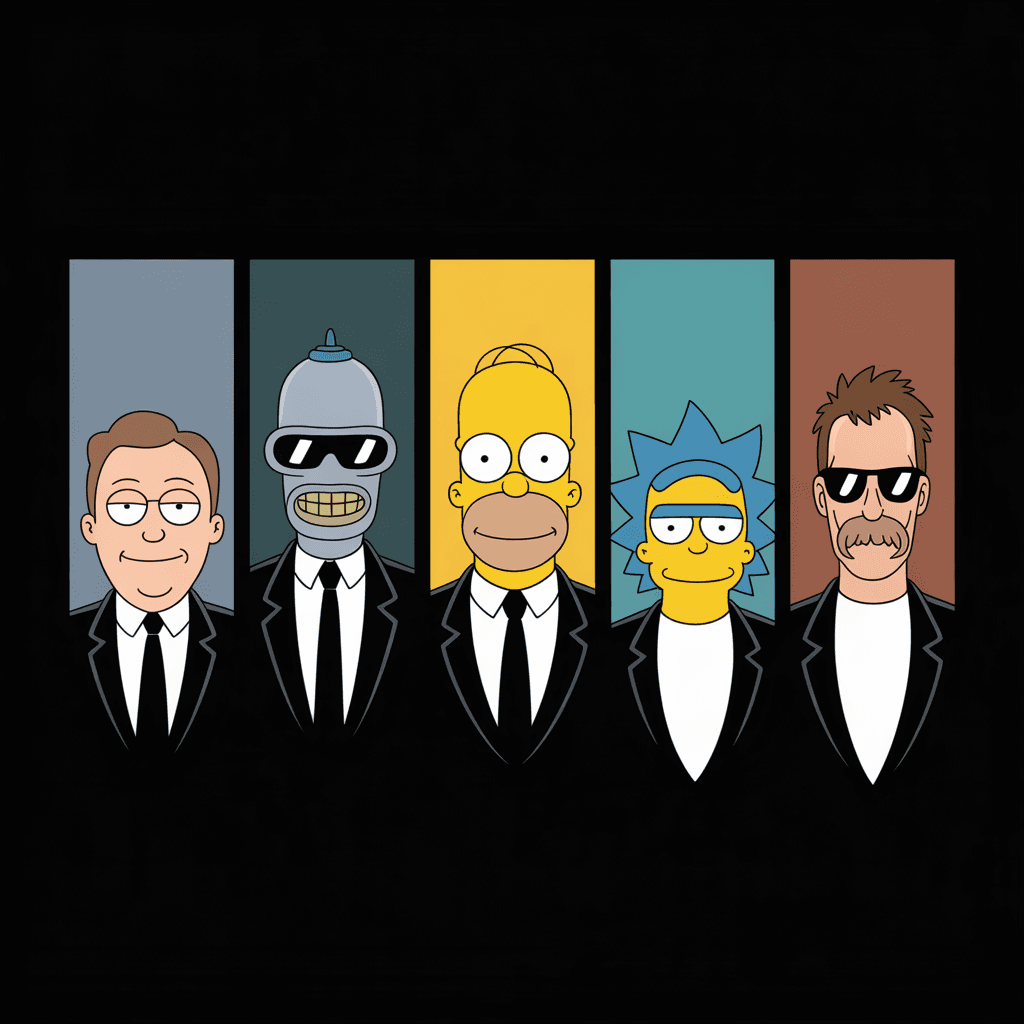 AI generated: Cartoon illustration of Roger from American Dad, Bender from Futurama, Homer Simpson from The Simpso...