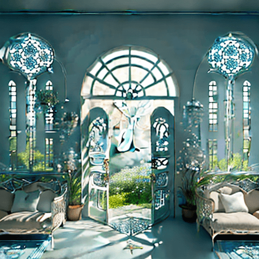 AI generated: High resolution interior design, dreamy view of the opened gates of paradise, openwork gate, fairy f...
