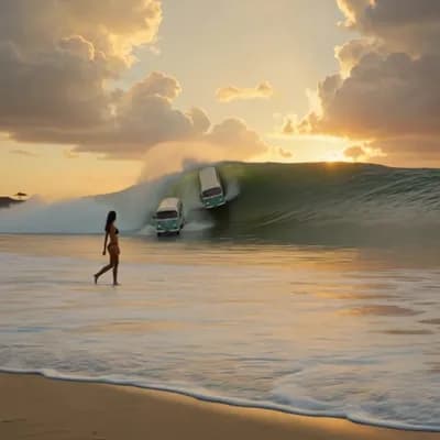 AI generated video:  A close-up slow pan in of two classic vw split window buses, surfing laterally across the face a a ...