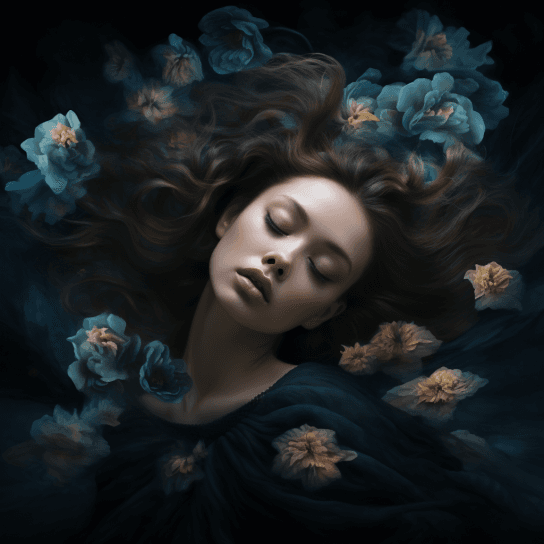 AI generated: A portrait of a woman floating in a dark void, eyes closed painterly style, masterpiece dark colors ...