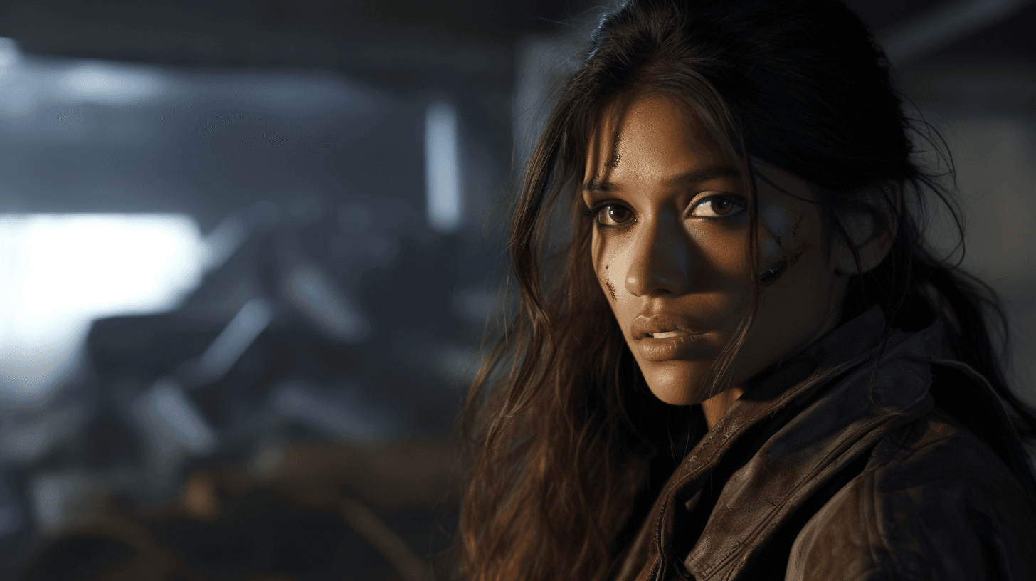 AI generated: frieda pinto as apocalyptic survivor, 16-35mm lens, f/1.8, global illumination, natural light, uplig...