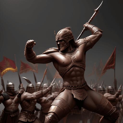 AI generated: a spartan warrior, in combat, fighting with persian barbarian warriors, dark crimson and gold style,...