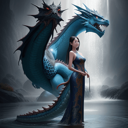 AI generated: a beautiful woman standing in front of a dragon with water pouring, in the style of gongbi, mysterio...