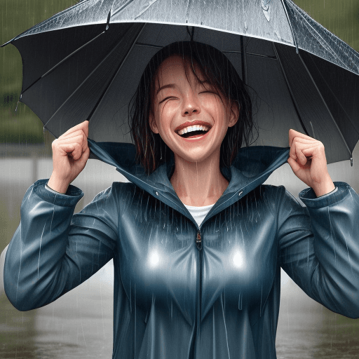 AI generated: laughing and smiling, raining, wet clothes , woman
