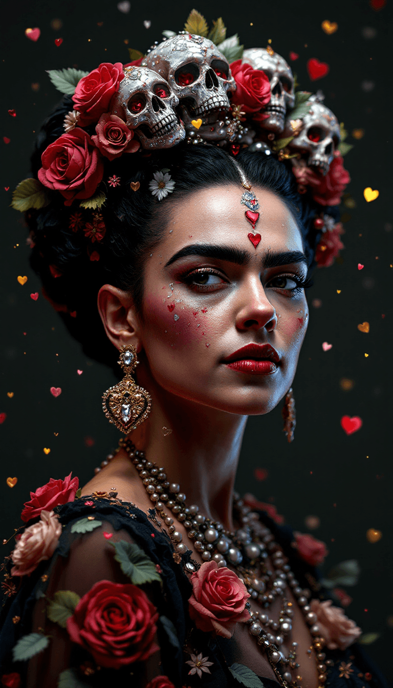 AI generated: A 3D render portrait of Frida kahlo made of diamonds in the Shake of  hearts transform to roses of s...