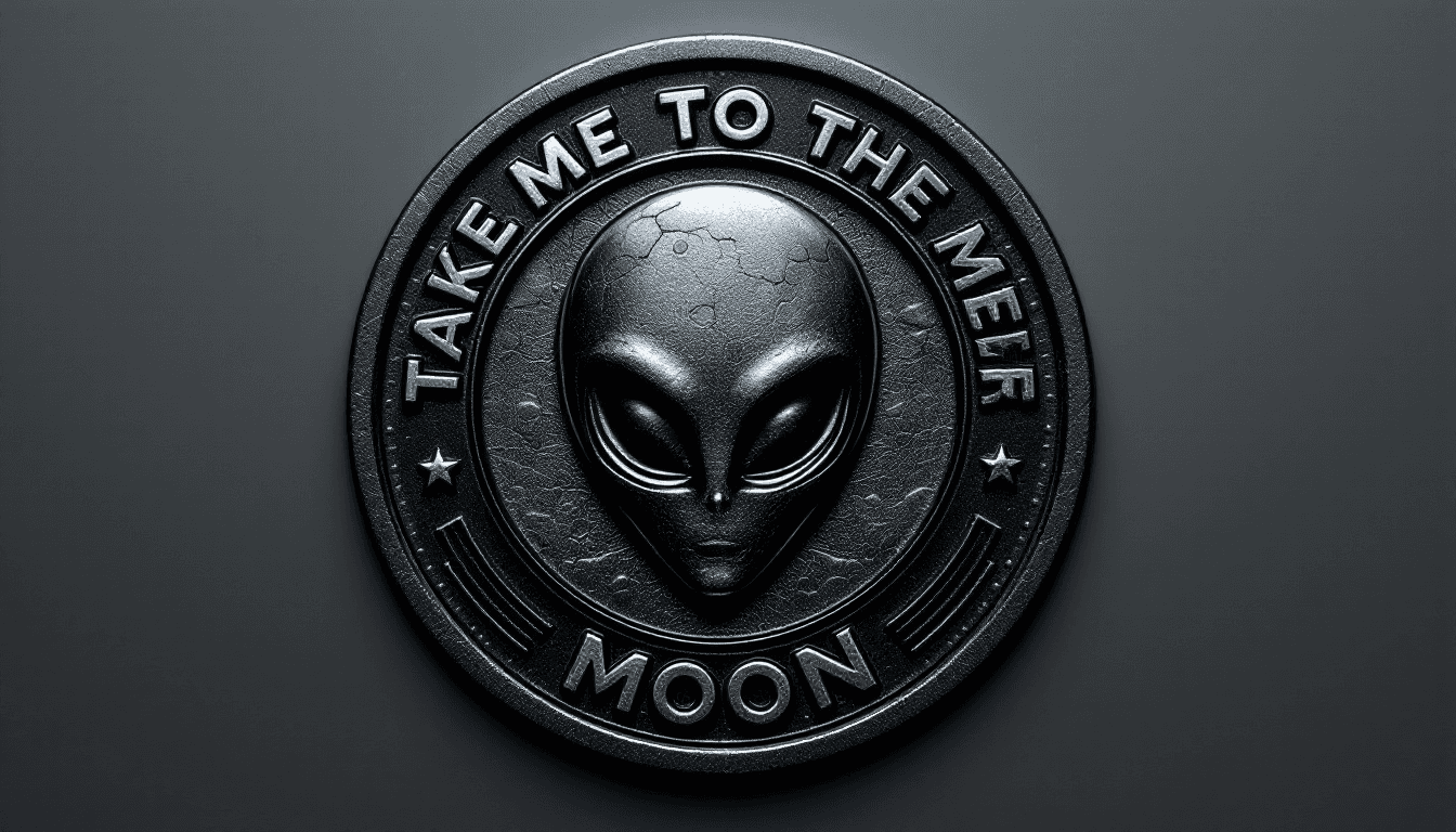 AI generated: A dark metallic meme coin with an engraved alien face and ‘Take Me To The Moon’ text around the bord...