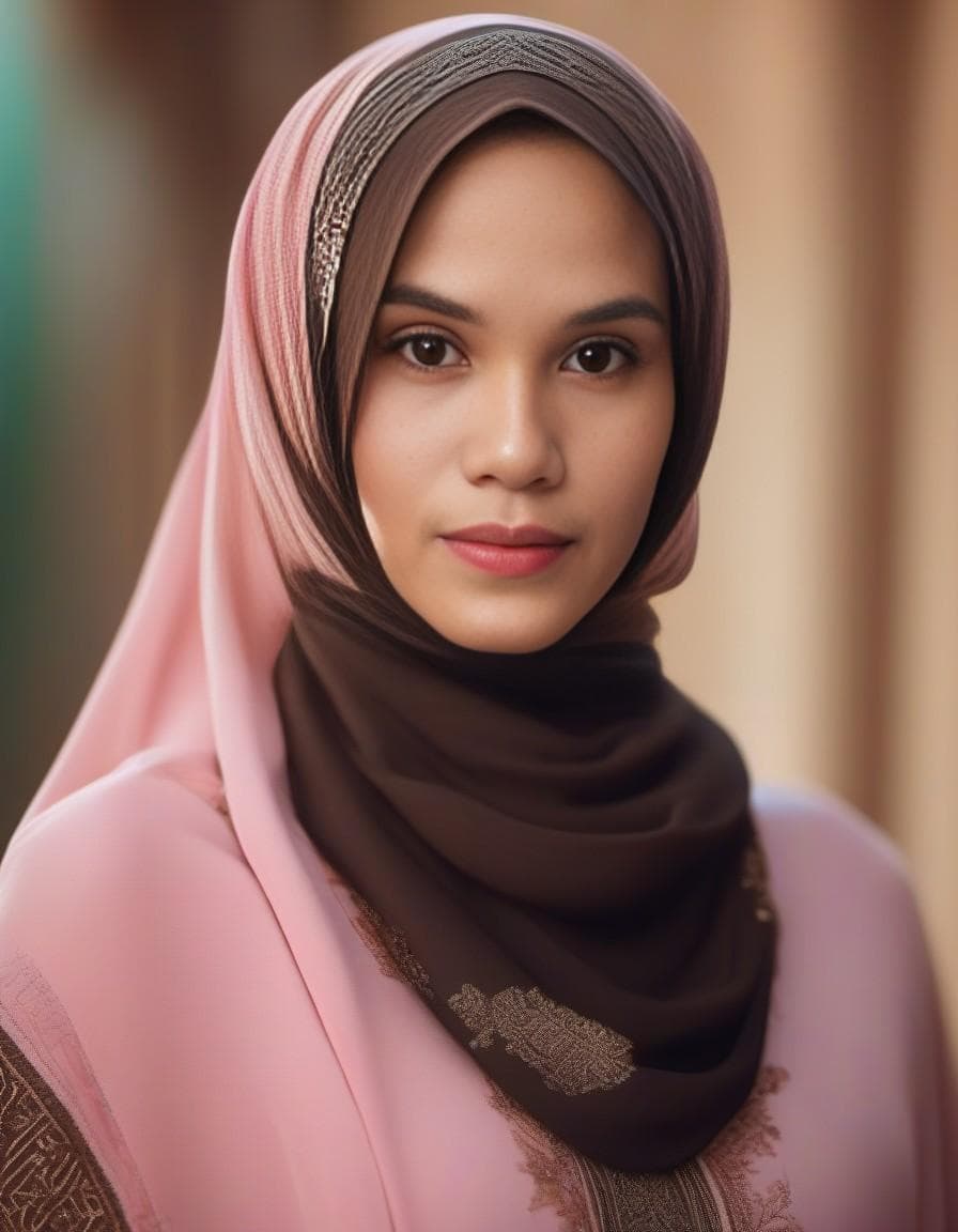AI generated: Girl, 18oyo, hazel green eyes, pink lips, black eyeliner in her eyes, (wearing a hijab), (fullbody:1...