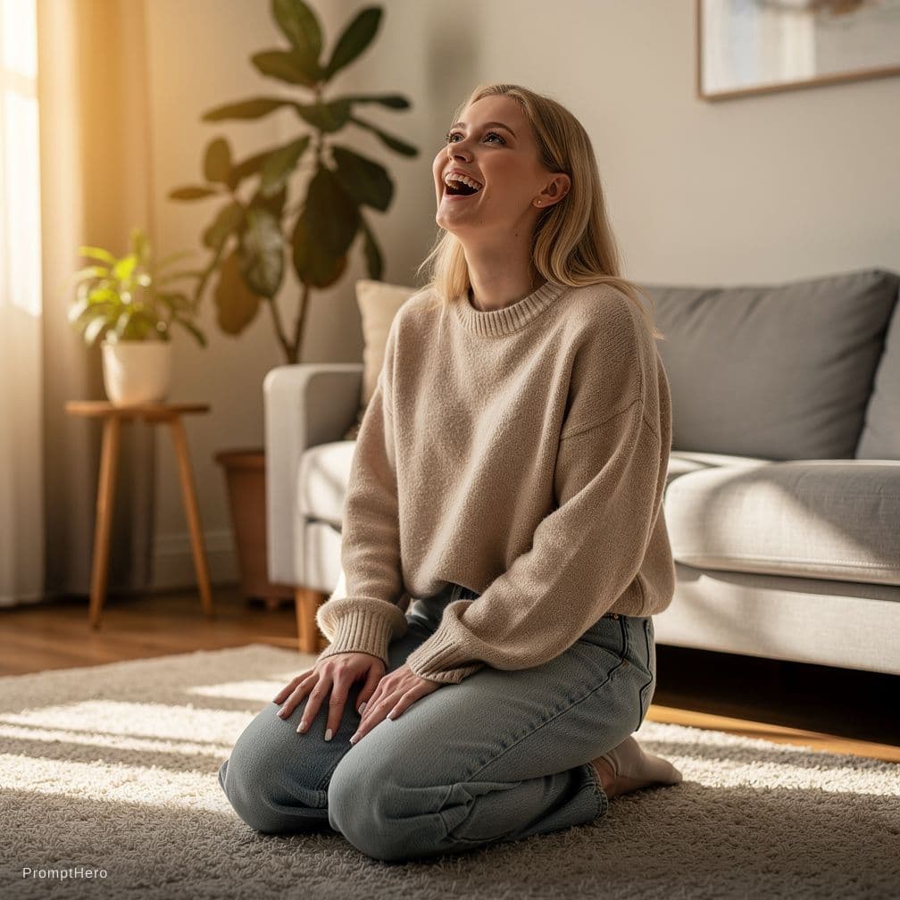 AI generated: Blond girl on her knees with mouth open in lingerie 