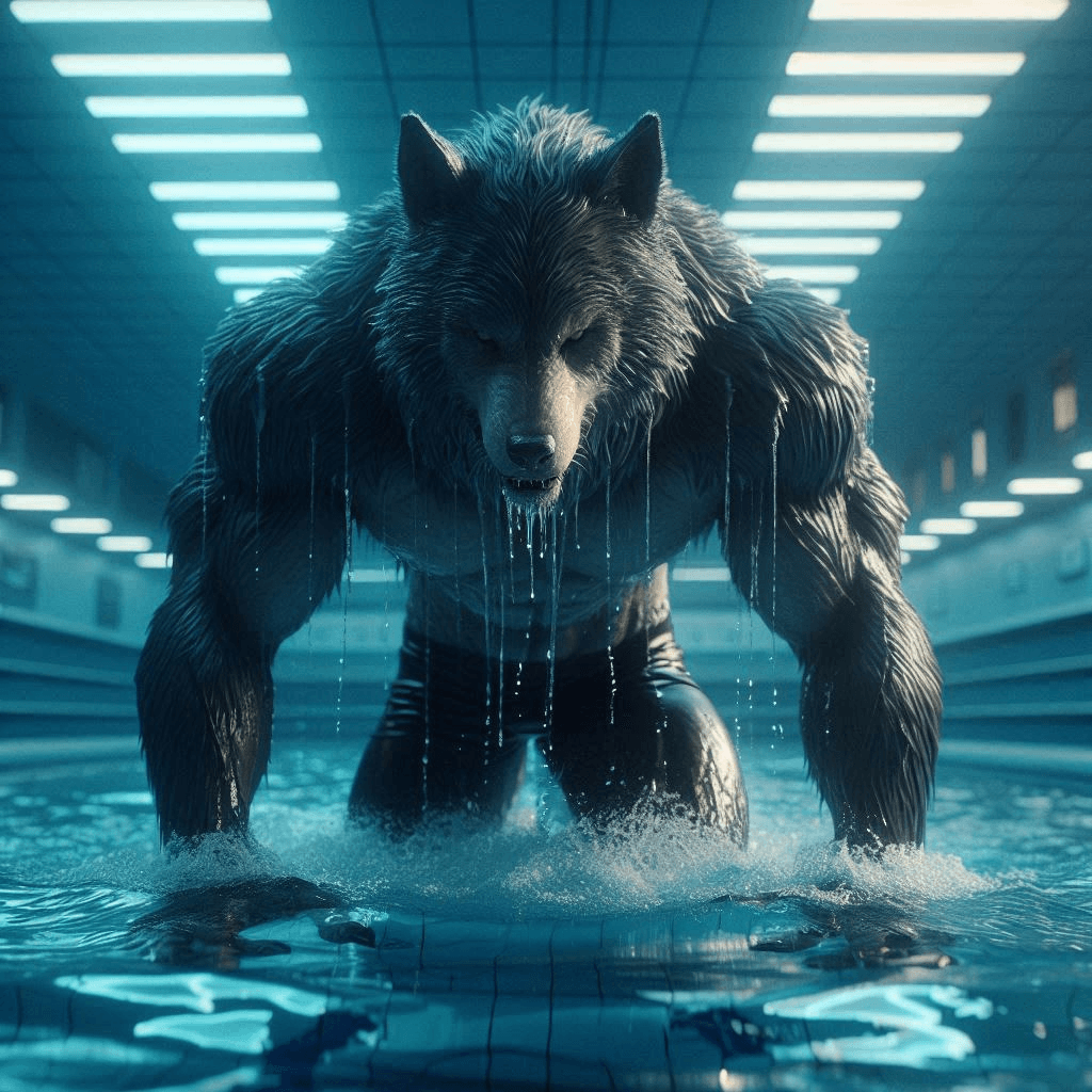 AI generated: Close-up professional cinematic 3D animation of a long-furred wolf man emerging from the turquoise w...