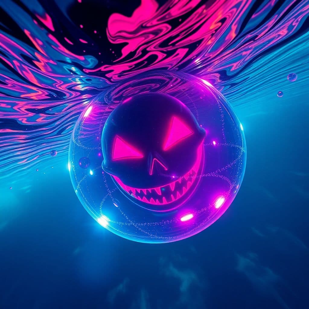 AI generated: abyssopelagic heretic, sinister sly smile bubble escapade, doomed user, glitch art in oceanic 3d tec...