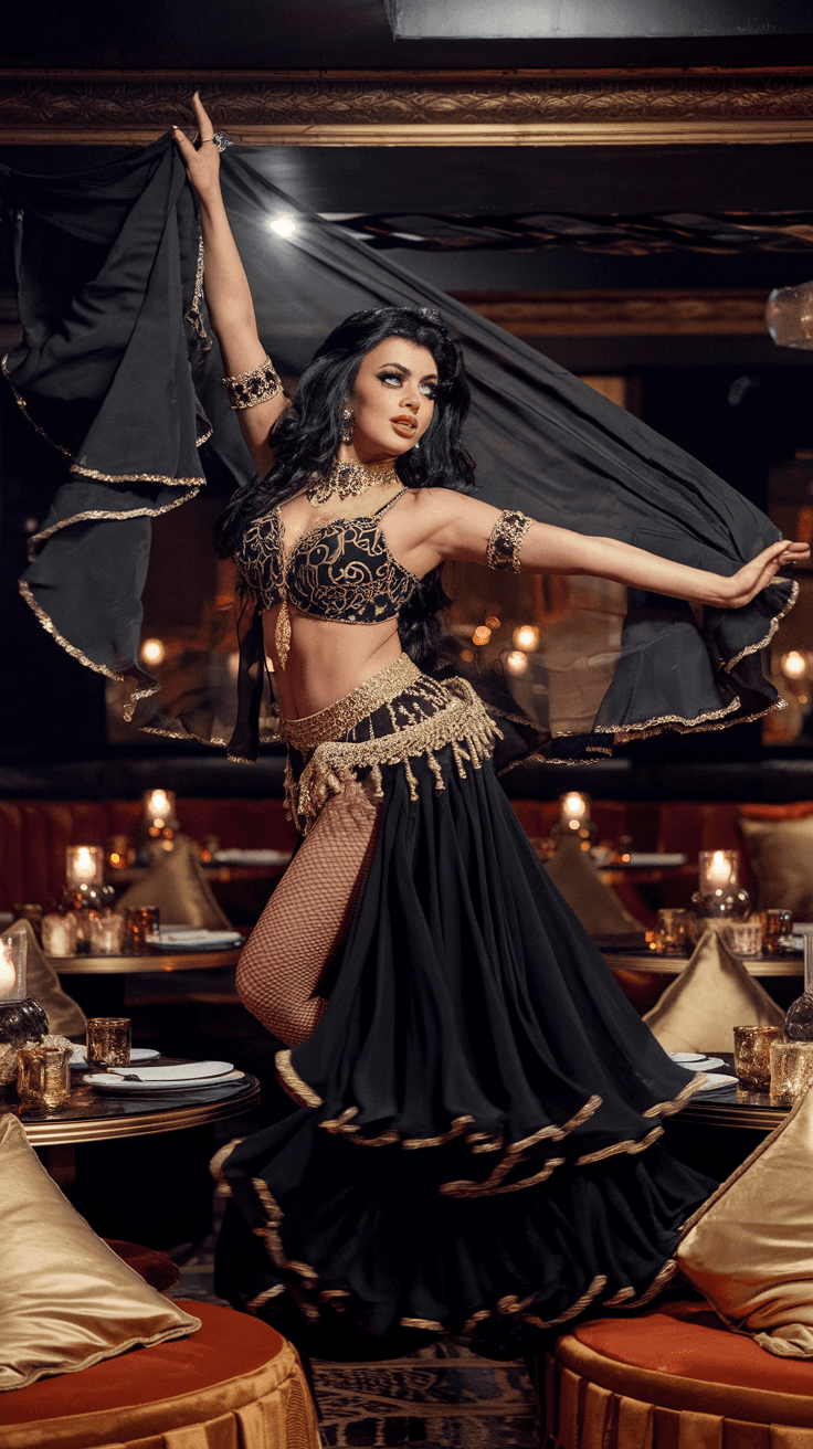 AI generated: A captivating curvy Arabian dancer with dark, expressive eyes lined with kohl, performing an enchant...