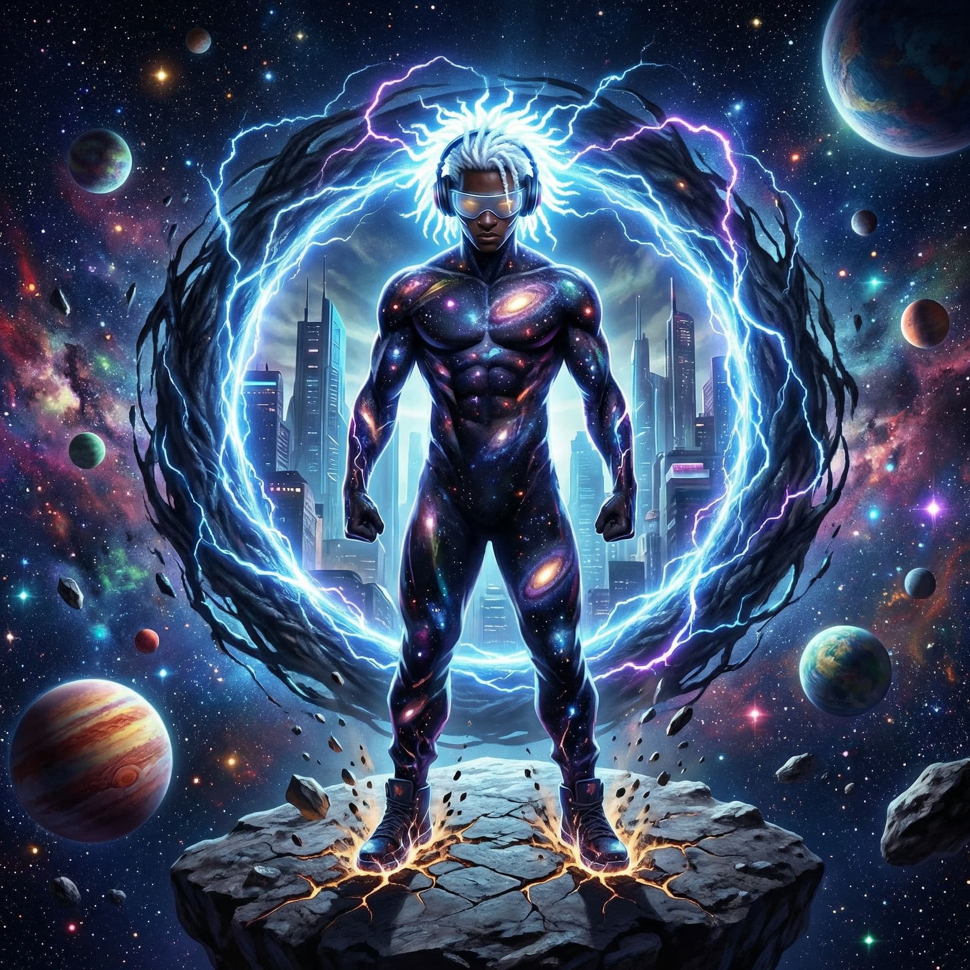 AI generated: full body front view of a 3d illustrated african american superHERO with white glowing short dreadlo...