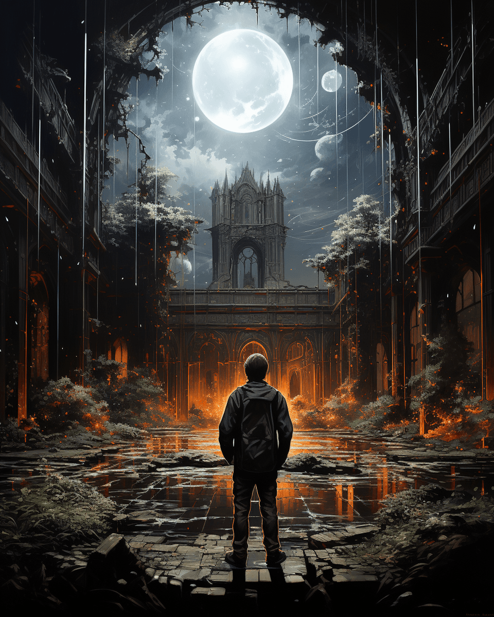 AI generated: a man in a pond, looking through the hole, in the style of visionary otherworldly, gigantic scale, f...