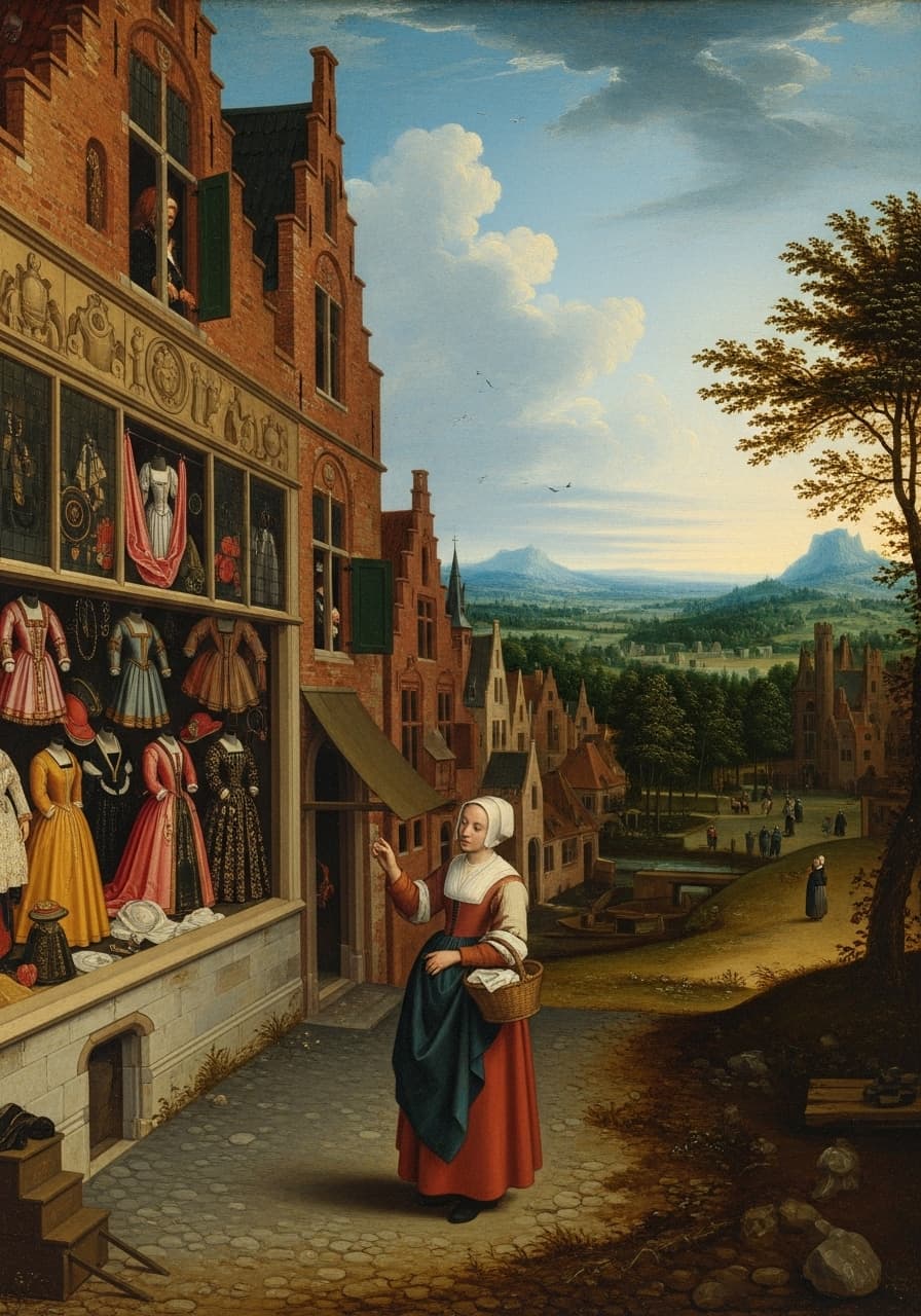 AI generated: an image by Joachim Patinir of a maid stopping to window shop in a store of fine clothing displayed ...