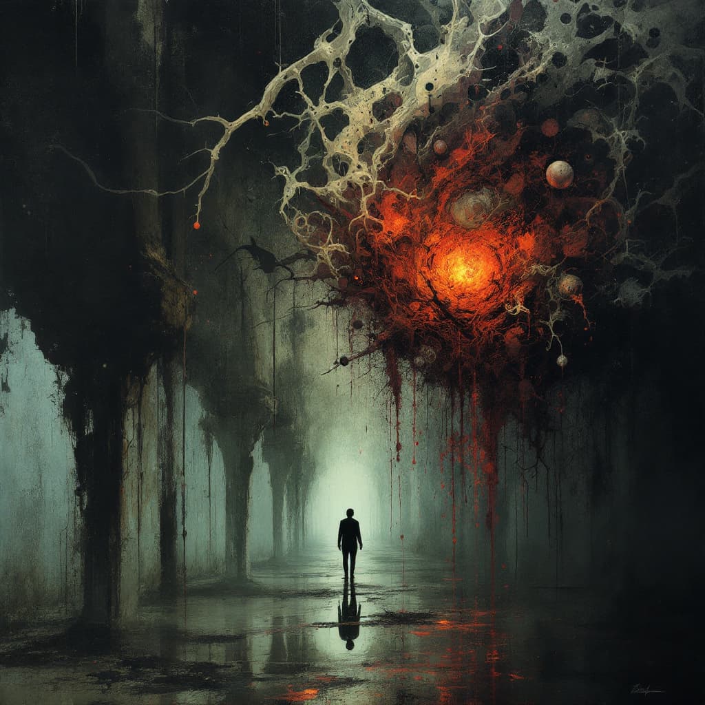 AI generated: Create an abstract, surreal,  disturbing image showing the fear of silence. Include things never bee...