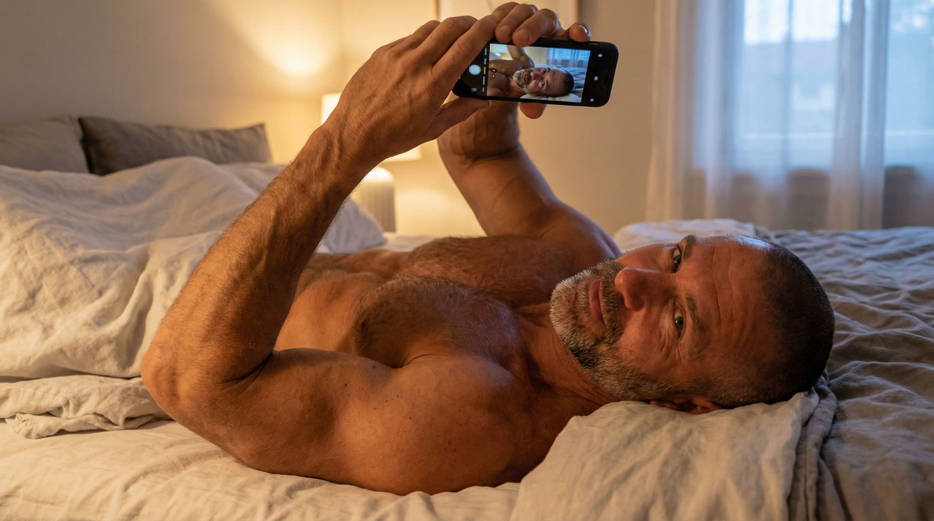 AI generated: Photographie ultra-photorealiste intime, selfie au-dessus du lit prise avec smartphone en mode portr...
