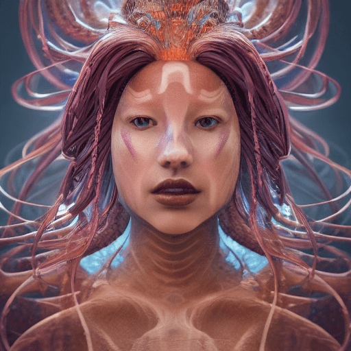AI generated: Goddess close-up portrait ribcagel. jellyfish phoenix head, nautilus, orchid, skull, betta fish, bio...