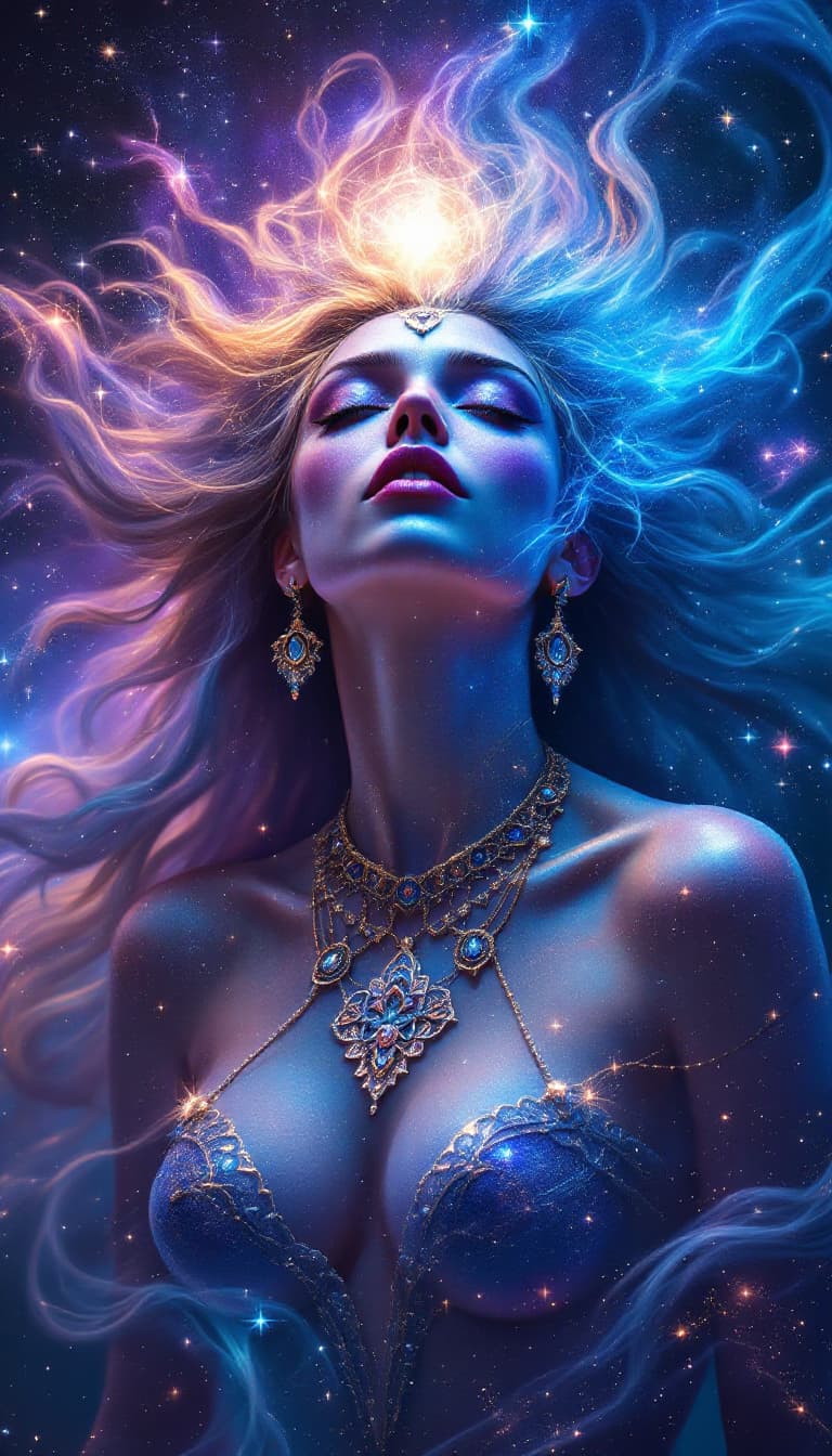 AI generated: A powerful and otherworldly portrait of a cosmic, celestial woman. She’s depicted with skin that shi...