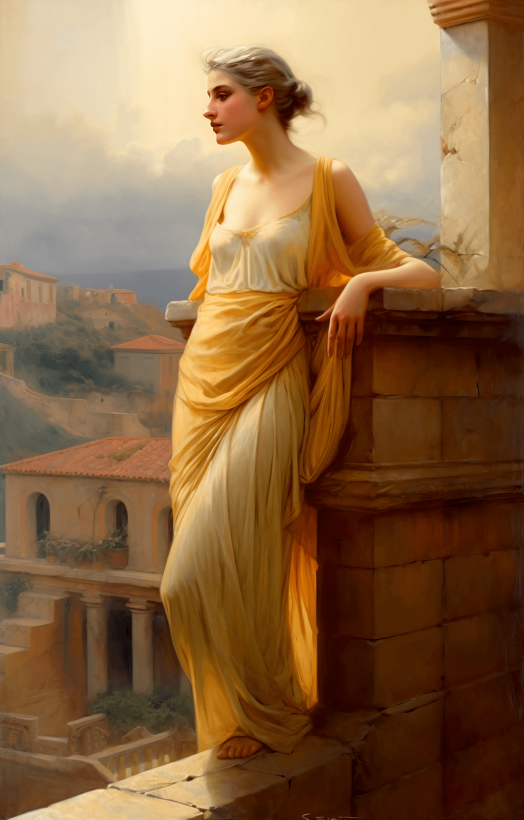 AI generated: woman on the roof, 1884 by louis carroll, in the style of classical elegance, light aquamarine and l...