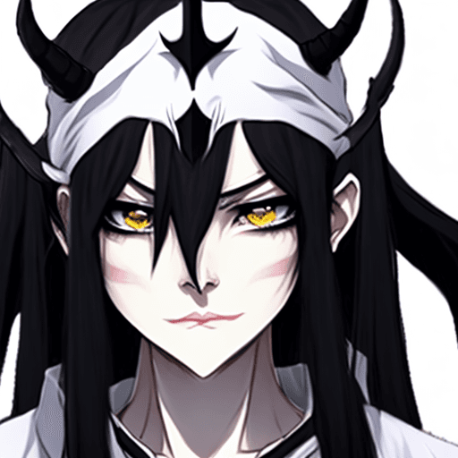 AI generated: Androgynous character, portrait, black eyes, long hair, black hair, parted hair, demon horns, white ...