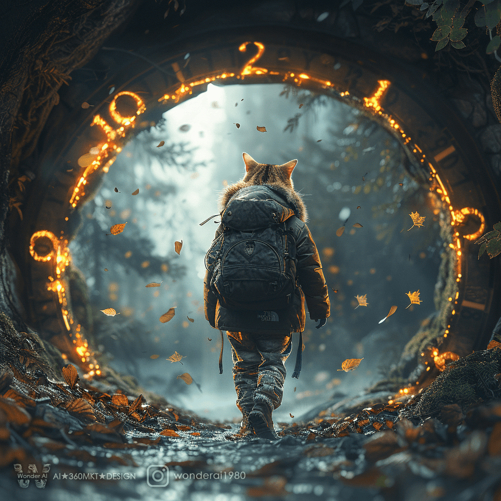 AI generated: a personification tiny cute cat wearing the North Face clothes and hiking shoes, walking inside (((a...