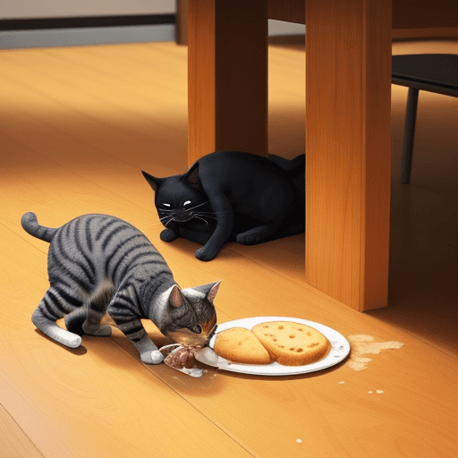 AI generated: a man was eatting super on a wooden table,and a cat was eatting his super on the floor.