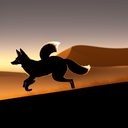 AI generated: Side view of a Fox running, silhouette outline, dusk background, desert landscape, company logo. 