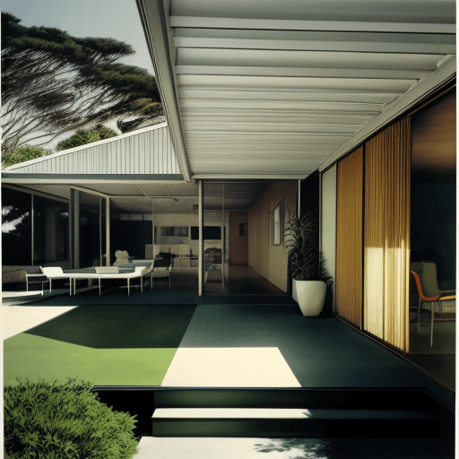 AI generated: Hyper realistic eye level exterior photo of a mid century modern style house overlooking the ocean, ...