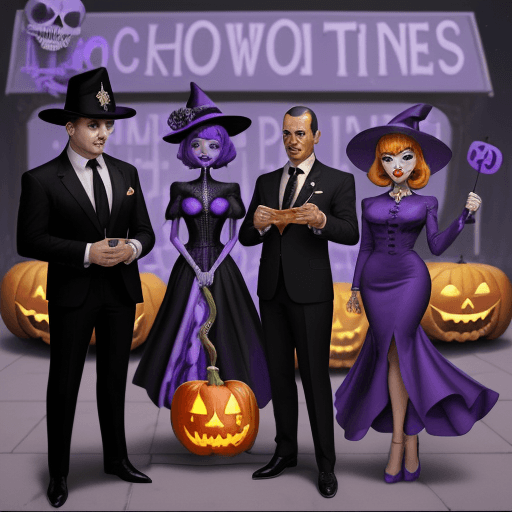 AI generated: A rich woman with a jack-o-lantern for a head standing next to an extravagant witch wearing a purple...
