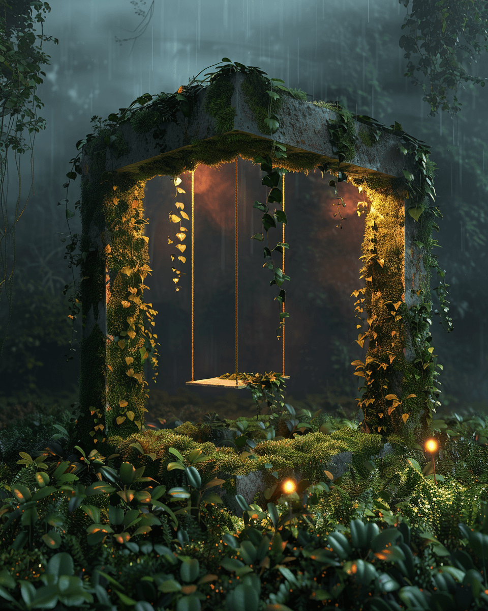 AI generated: An open square box with plants and moss on the sides, inside there is an illuminated swing hanging f...