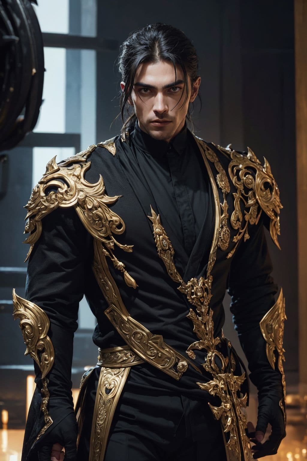 AI generated: A man(edgy male villain),(muscle body:0.2), (adorned in dark and stylish),(gold and black suit), (sh...