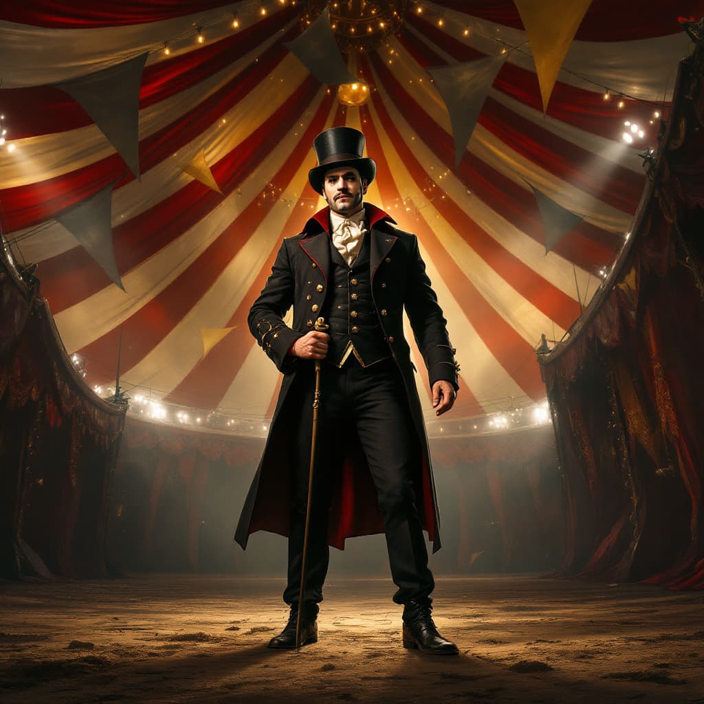 AI generated: a realistic, detailed picture of a showman in an empty circus tent