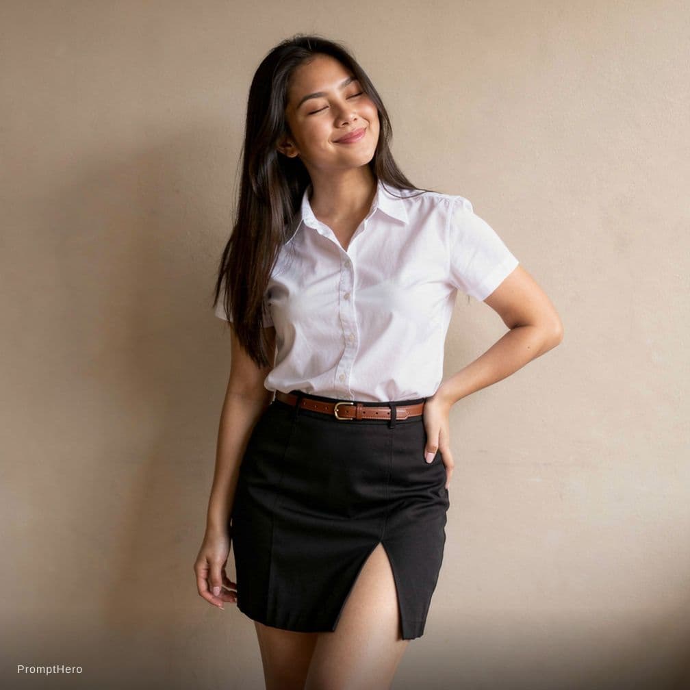 AI generated: A full shot of a young East Asian woman standing against a neutral beige wall. She has long, straigh...