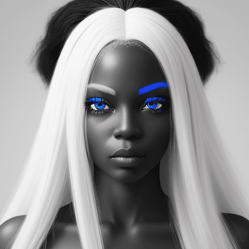 AI generated: create a black-and-white image of a black woman with blue eyes and long white hair
