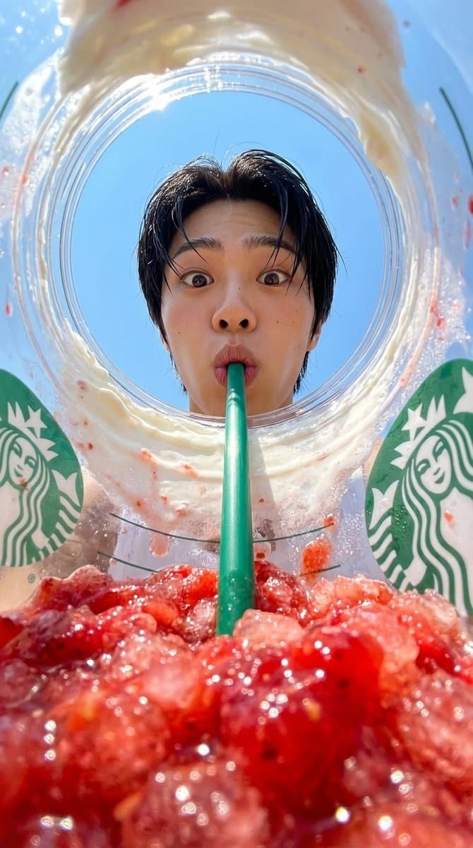 AI generated: {
  "prompt": "View from inside a Starbucks strawberry frappuccino cup looking up, fisheye lens extr...