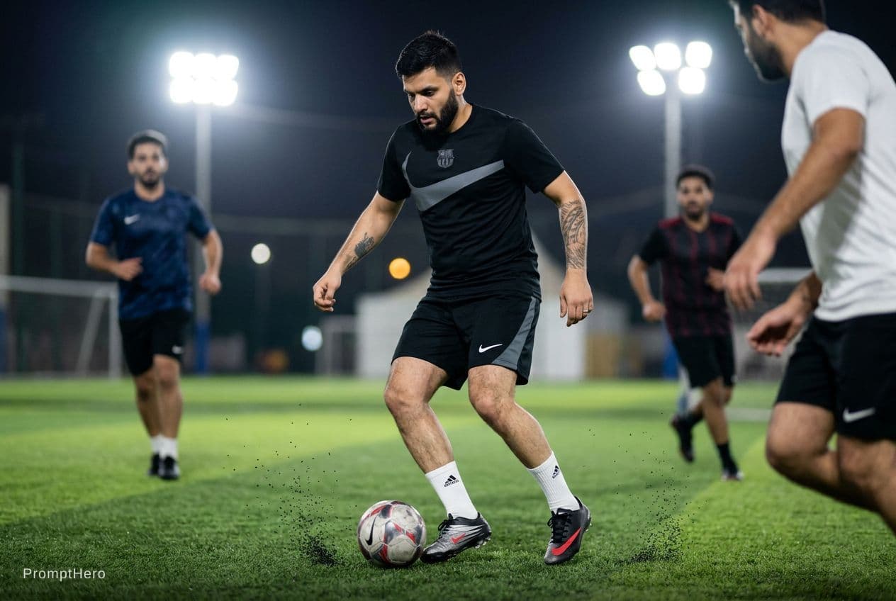 AI generated: Add me in a Five-a-side artificial turf football pitch playing with my friends wearing the uploaded ...