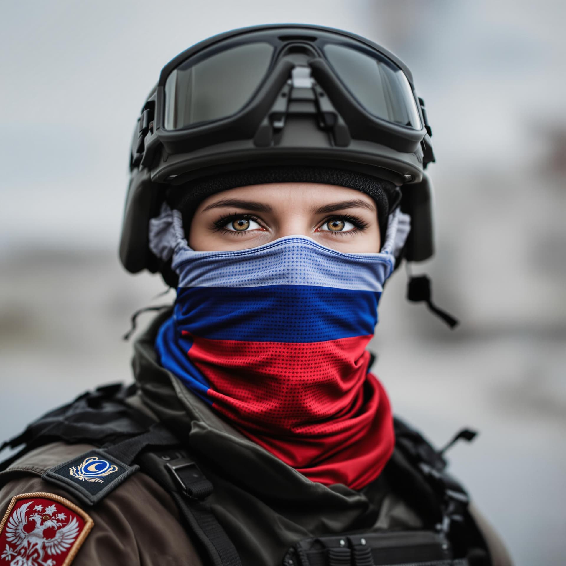 AI generated: Create a striking portrait of a female soldier wearing a tactical mask. The mask is designed with a ...