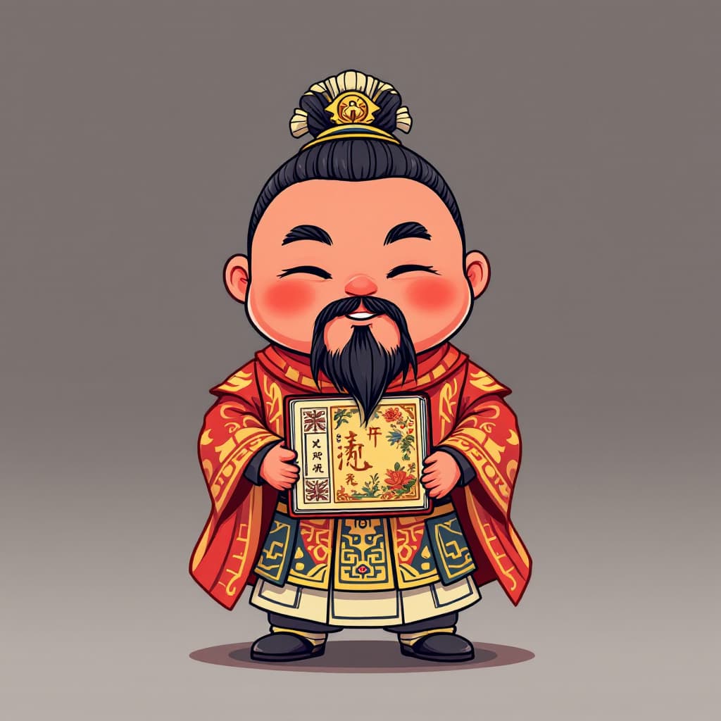 AI generated: Draw a lovely image of the Chinese god Wu Cai Shen Guan Sheng Dijun . Give it a red rounded facial c...